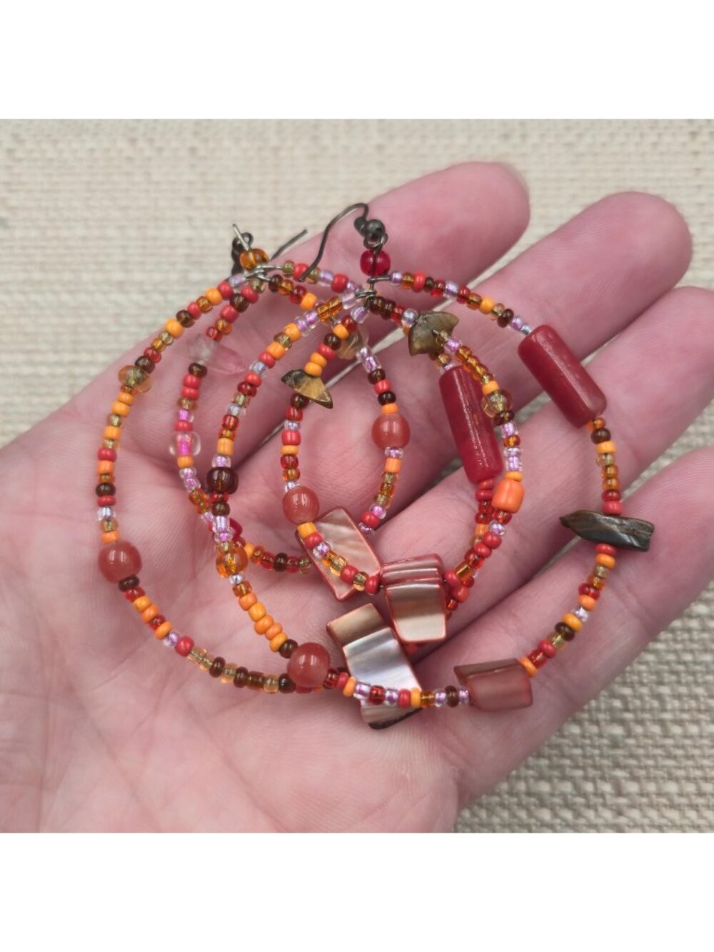Handmade Red and Orange Beaded Hoop Dangle Earrings B1220 - Picture 3 of 5